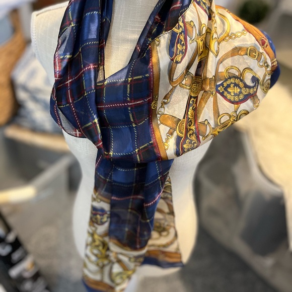 Italian made :equestrian style scarf. Very pretty: blues and golds 62” Lx14” w - Picture 10 of 10